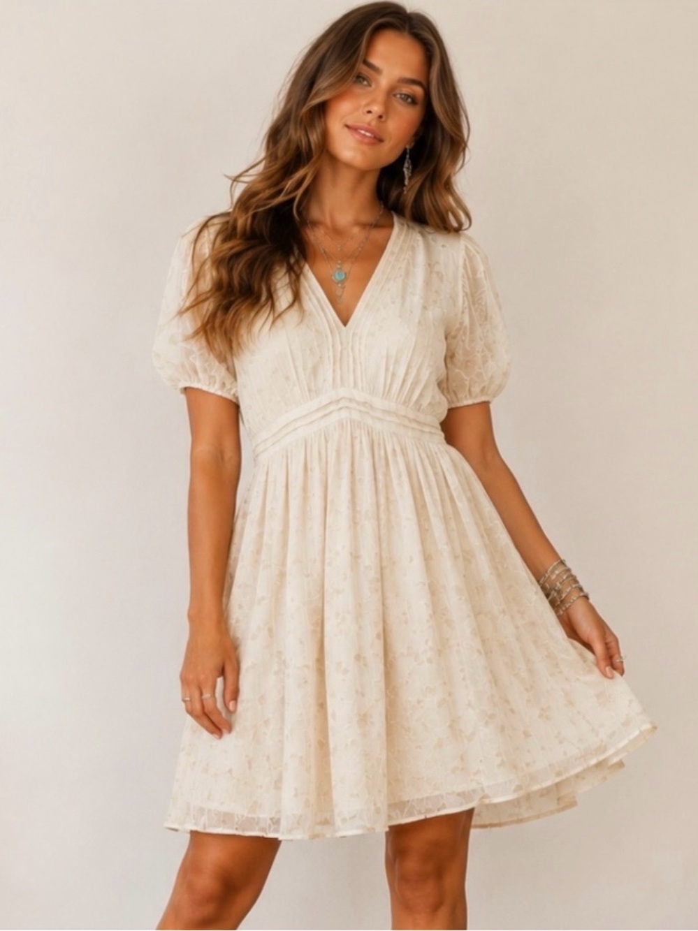 Christian Cota Cream Rag Doll Silk Textured Ethereal V Neck Dress